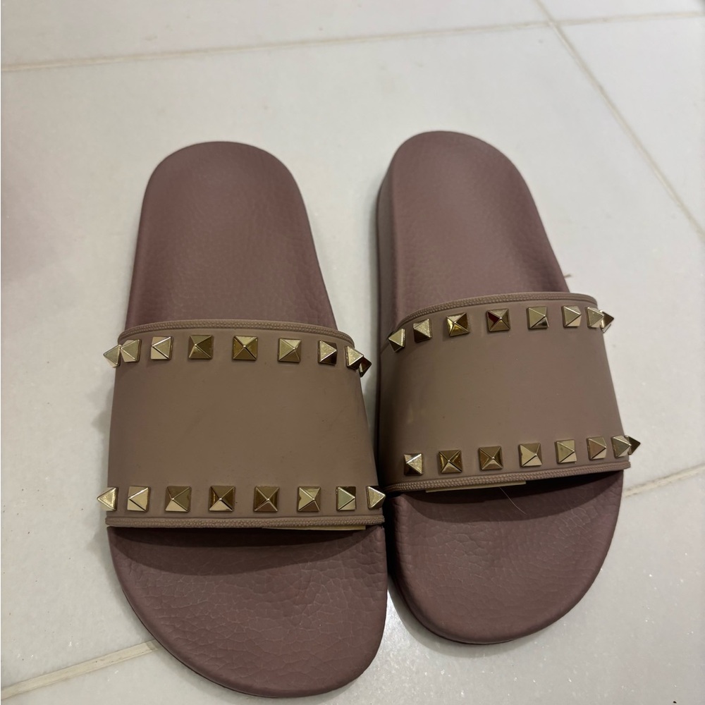 Valentino Studded Brown Slide Sandals